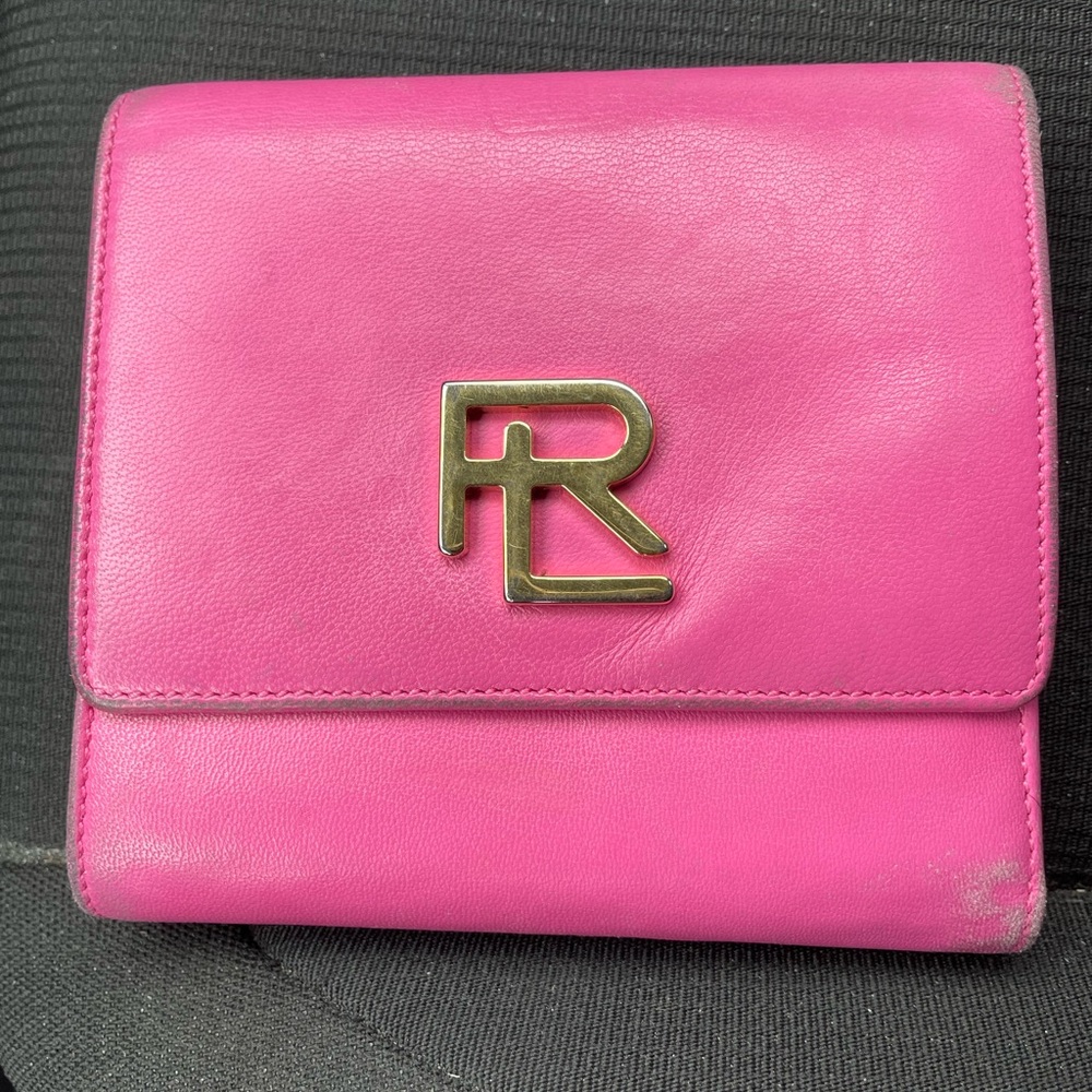 Ralph Lauren Hot Pink Leather Wallet with Gold RL Emblem